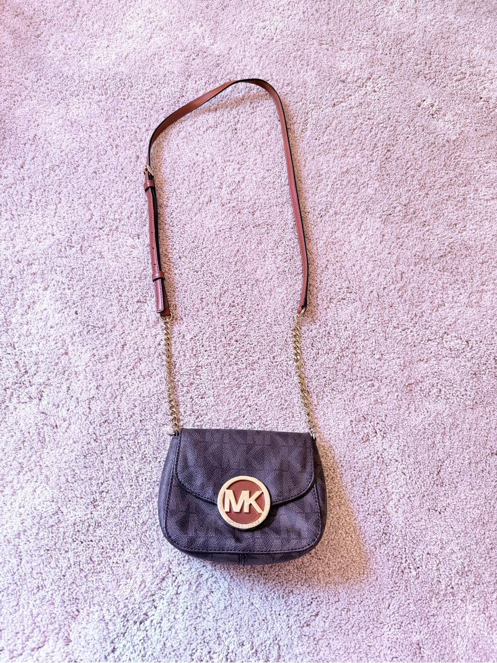 Michael Kors Brown Logo Crossbody with Gold-Tone MK Emblem
